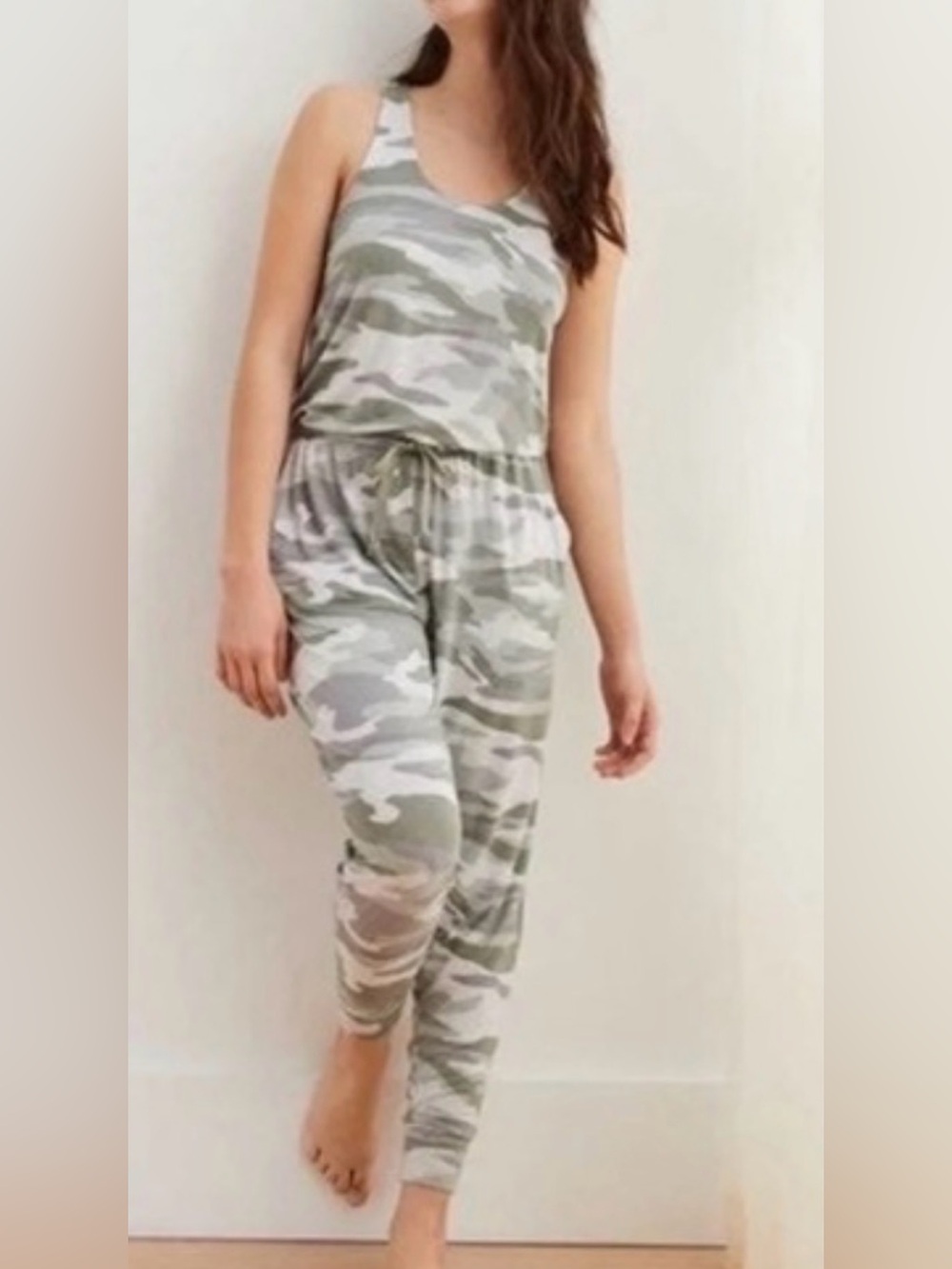 AERIE Camo Racerback Jogger Jumpsuit Pockets Cinched Tie Waist M